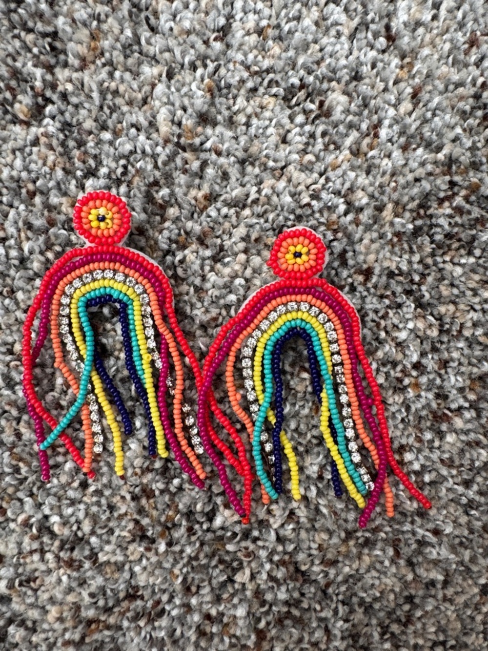 Beaded Rainbow Fringe Earrings - Red Accent